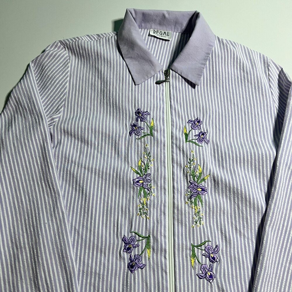 Vintage Regal Zip Front Blouse Embroidered Iris Floral Purple Stripe Seersucker